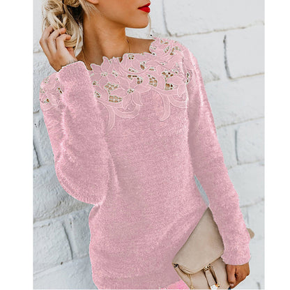 Off Shoulder Lace Fuzzy Sweater Long Sleeve Plus Size