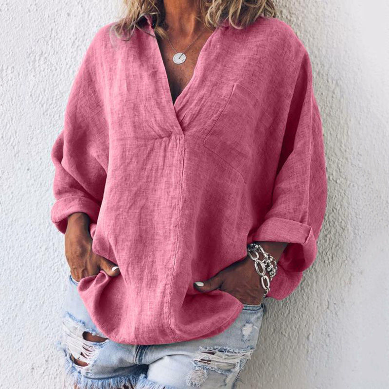 Women's Oversized V-Neck Long Sleeve Popover Blouse