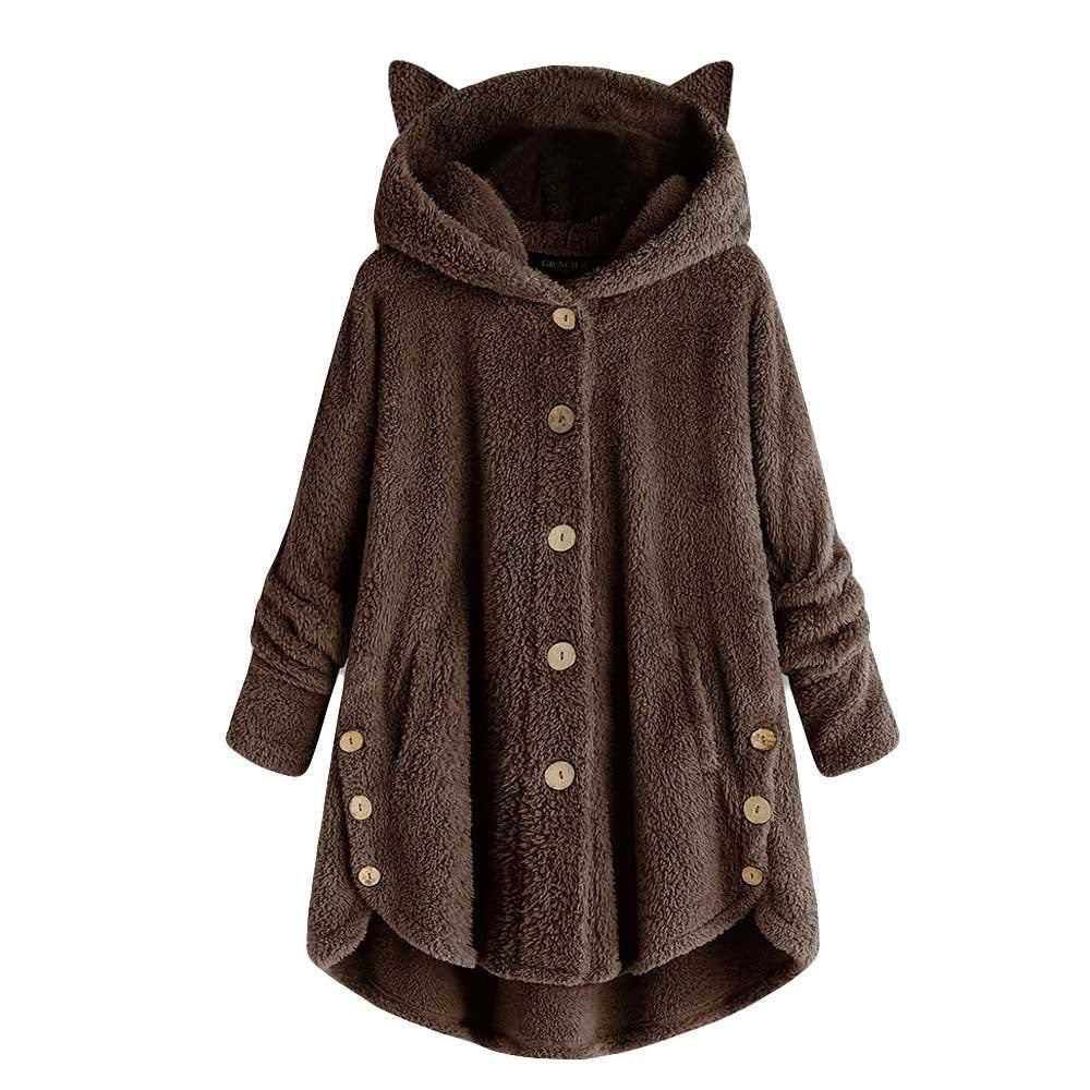 Women's Cat Ear Fleece Hooded Jacket Button Up