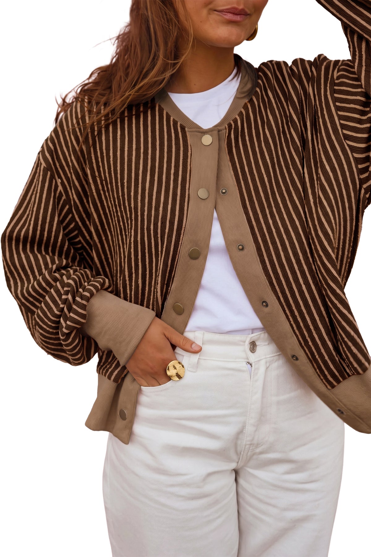 Green Stripe Striped V Neck Patchwork Long Sleeve Regular Fit Cardigan