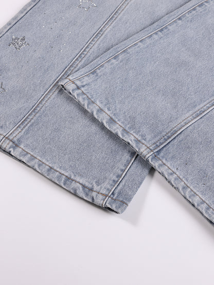 Girl's Wide Leg Star Print Denim Jeans Casual Pants