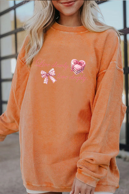 Valentine Bow Heart Corduroy Ribbed Oversized Sweatshirt