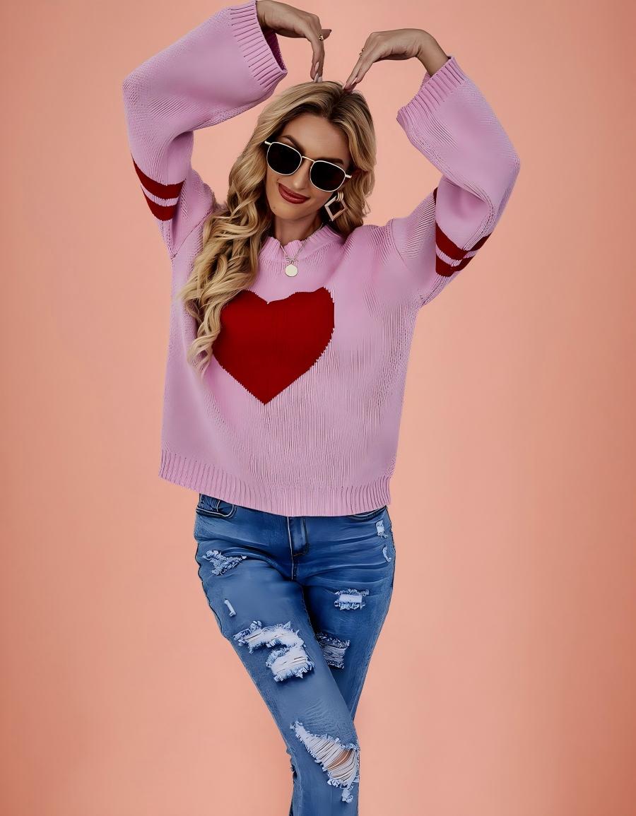 Pink Heart Contrast Knit Sweater Womens Valentine Pullover