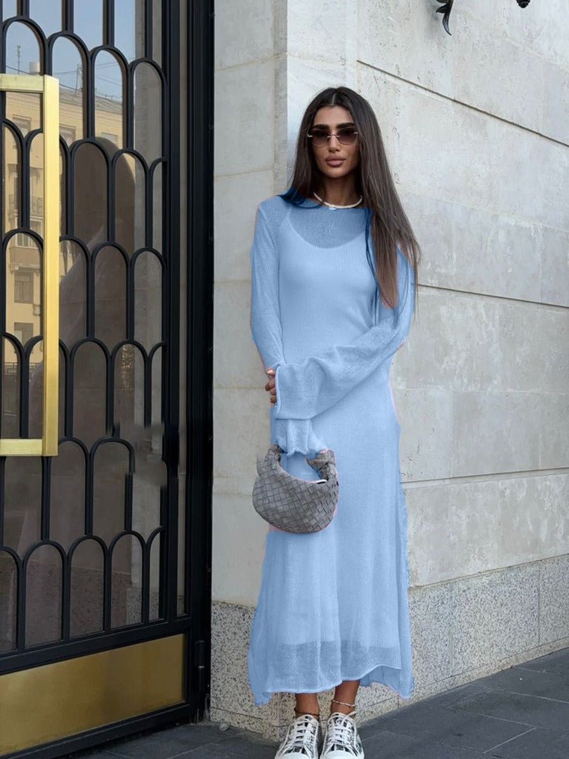Sheer Knit Maxi Dress Set Long Sleeve Overlay with Slip