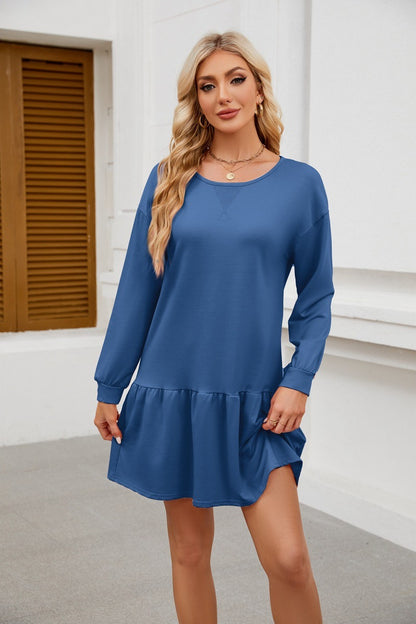 Long Sleeve Sweatshirt Dress - Casual Crewneck Pullover