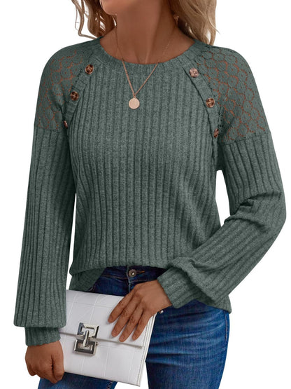 Solid Ribbed Knit Button Pullover with Lace & Buttons