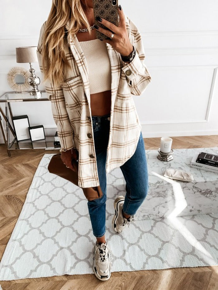 Beige Plaid Oversized Shacket Wool Blend Button Down Jacket
