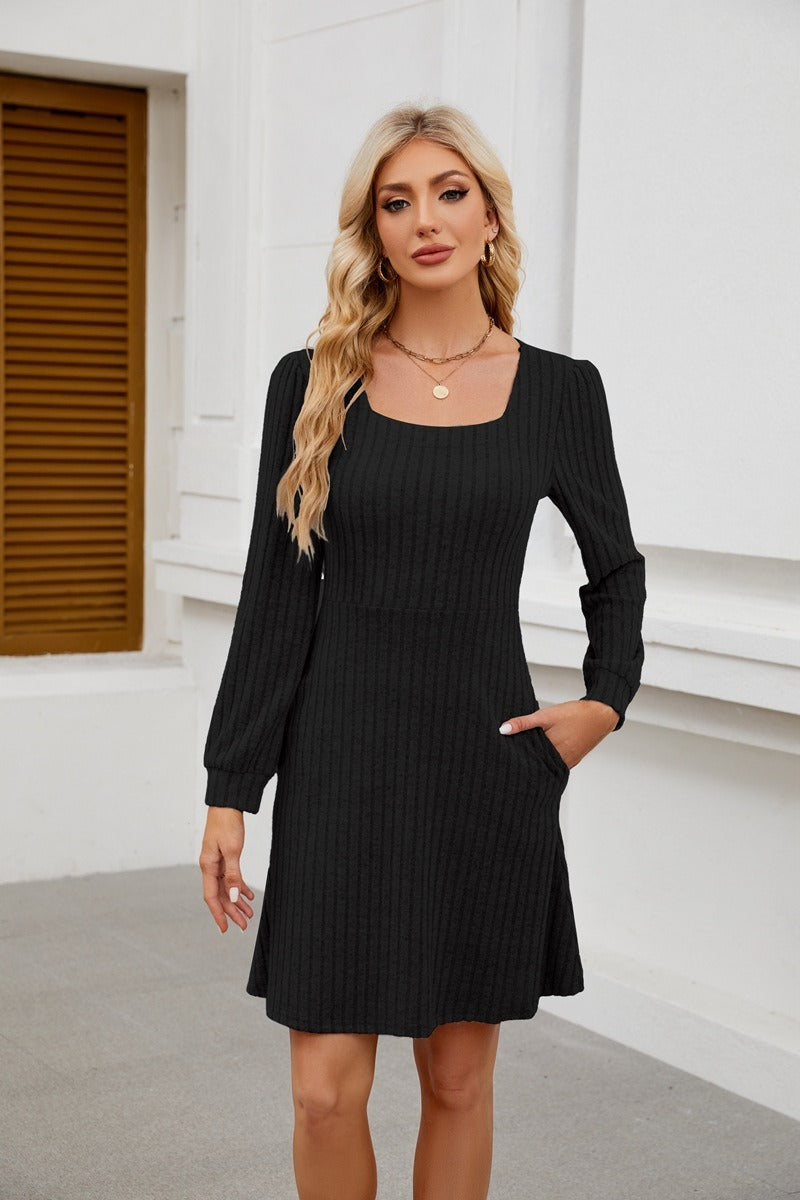 Square Neck Ribbed Knit Dress with Pockets