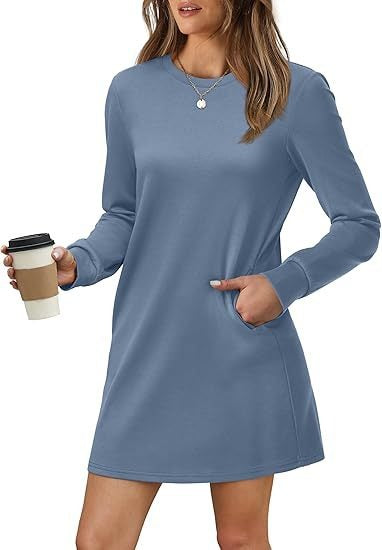 Cozy Long Sleeve Crewneck Sweatshirt Dress with Pockets