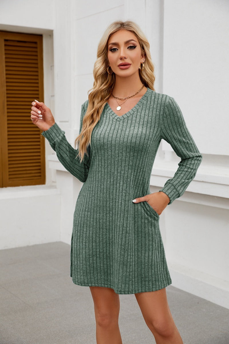 V Neck Ribbed Knit Dress - Brushed Long Sleeve Mini