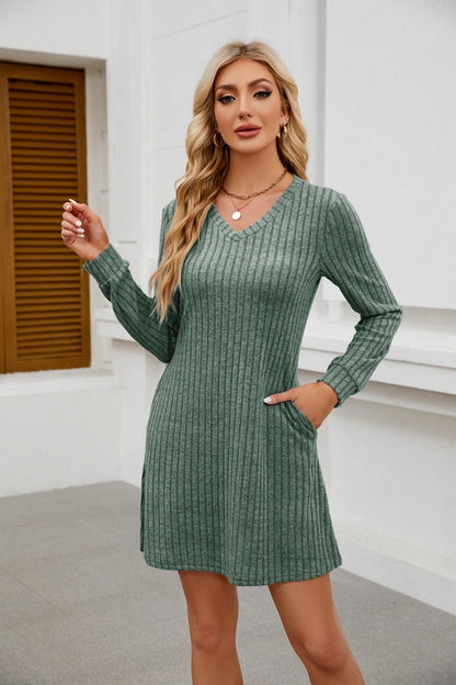 V Neck Ribbed Knit Dress - Brushed Long Sleeve Mini
