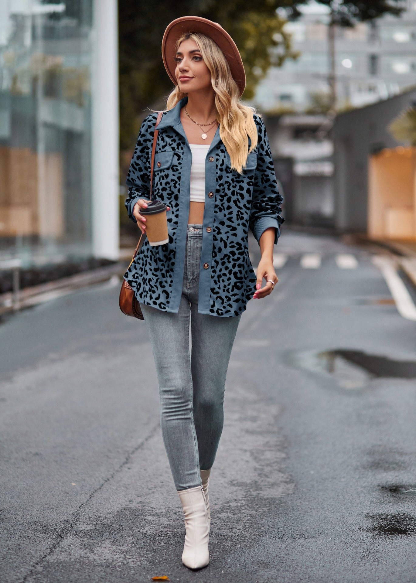 Leopard Print Corduroy Button Down Oversized Shirt Jacket