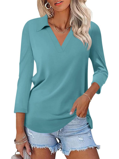 2025 Women's V-neck Polo Shirt 3/4 Sleeve Casual Top