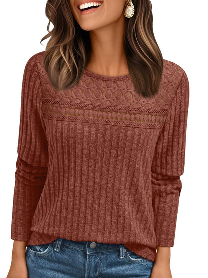 Ribbed Knit Pullover with Lace Panel Long Sleeves