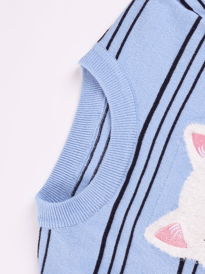 Girls Cartoon Cat Knit Top Short Sleeve Blue Tee