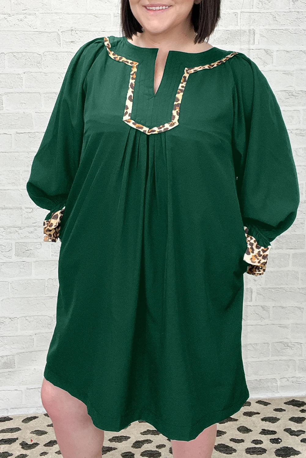 Evergreen Plus Size Notched Neck Leopard Trim Flounce Long Sleeve Shift Dress