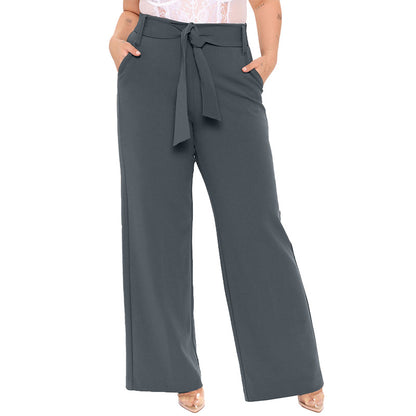 Belted Wide Leg Pants Women's Solid Color Plus Size Loose Casual Leisure Wind Pants