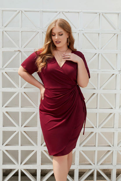 Womens Deep V Neck Knee Length Cocktail Party Faux Wrap Formal Plus Size Dress