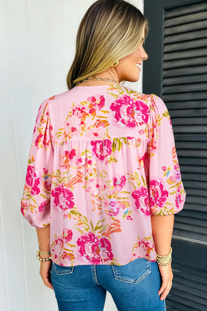 Floral Tie Neck Puff Sleeve Blouse Pink Casual Top