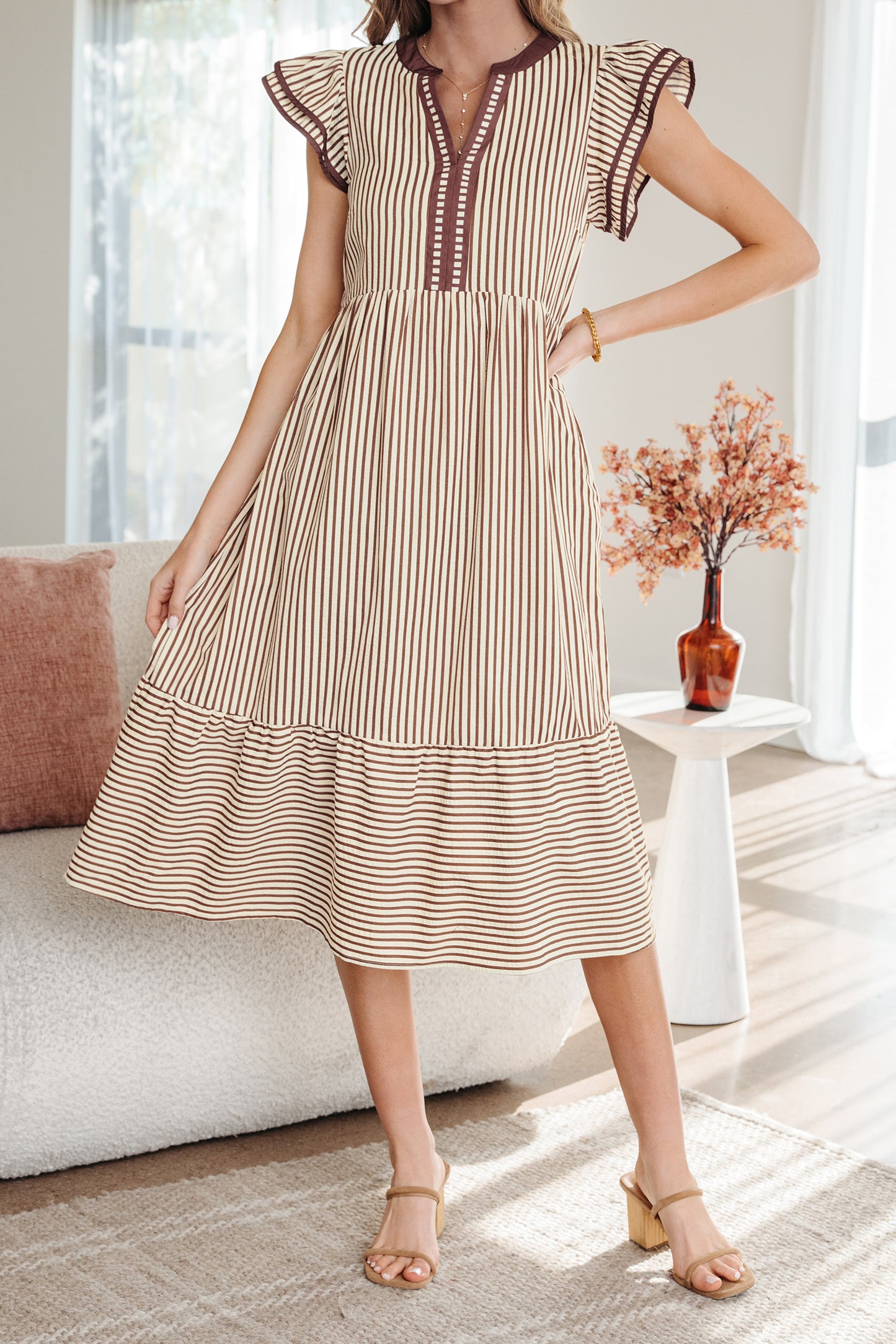 Black Stripe Ruffle Sleeve Contrast Trim V Neck Midi Dress