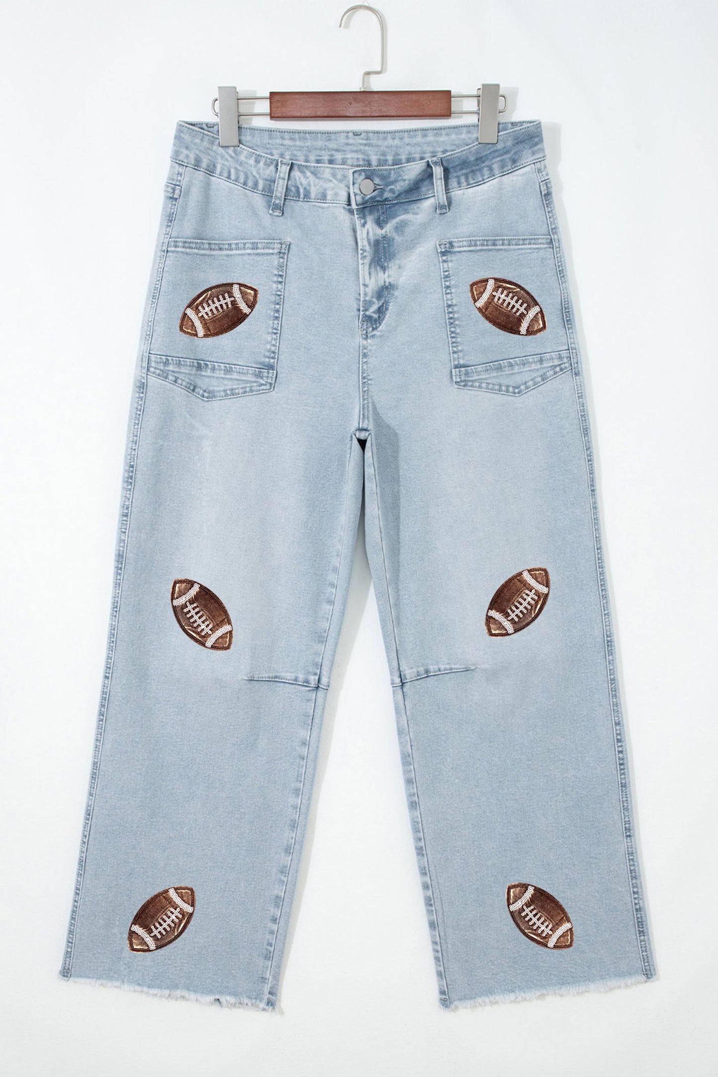 Game Day Sequin Football Patch Wide Leg Raw Hem Jeans