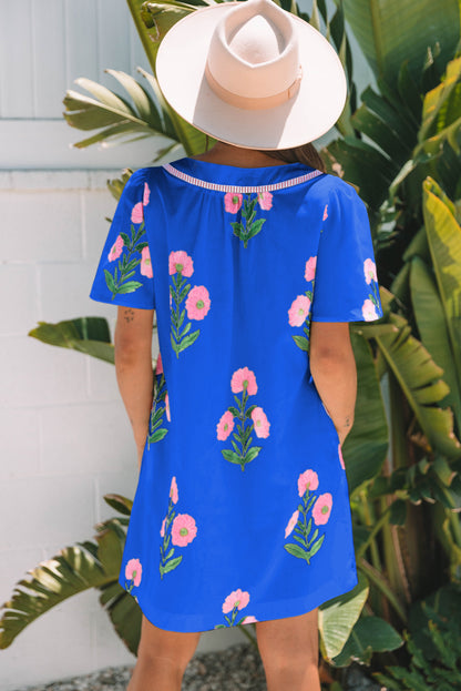 Easter Floral Split Neck Short Sleeve Mini Dress