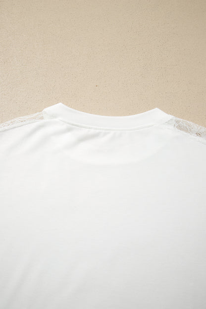 White Lace Sleeve Casual Round Neck Long Sleeve Top Women