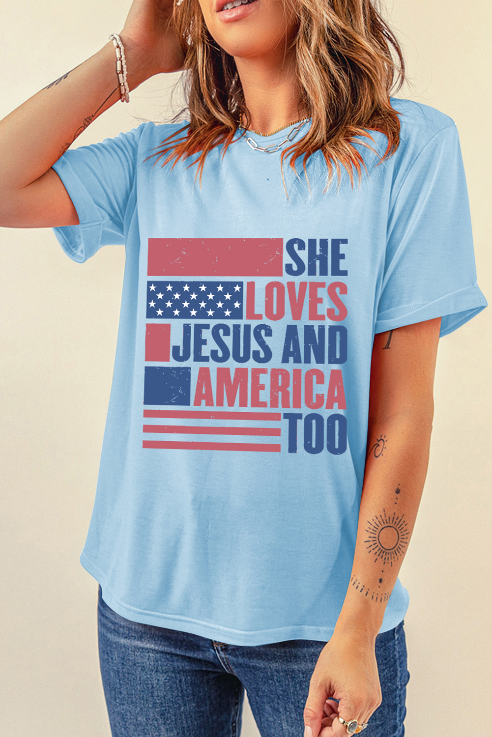 LOVES JESUS AND AMERICA TOO Patriotic Tee Flag Day