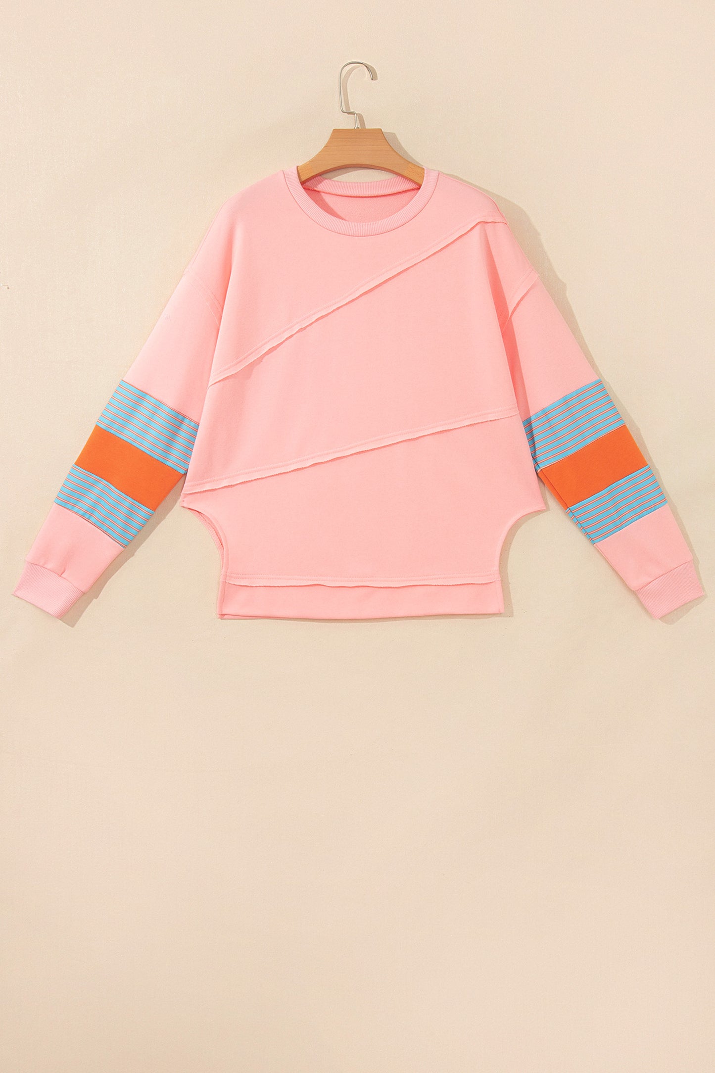 Pink Colorblock Striped Patchwork Long Sleeve Round Neck Top