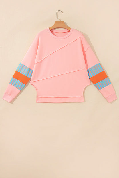 Pink Colorblock Striped Patchwork Long Sleeve Round Neck Top