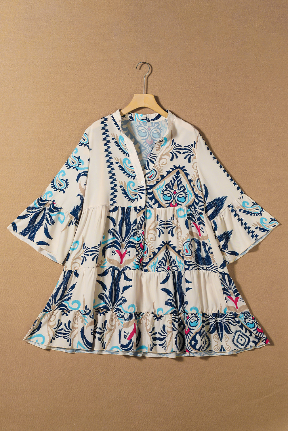 Boho Print Tiered Button Front Bell Sleeve Mini Dress