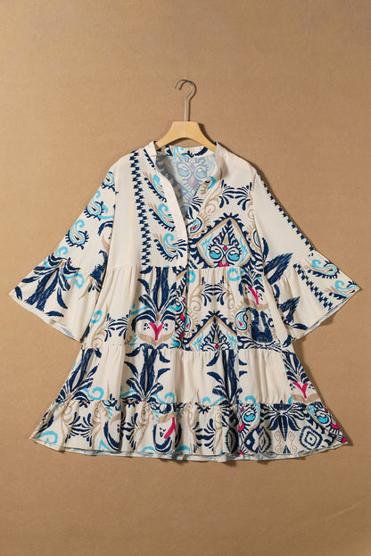 Boho Print Tiered Button Front Bell Sleeve Mini Dress