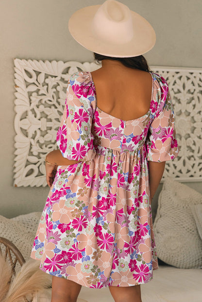 Pink Floral Square Neck Puff Sleeve Babydoll Dress