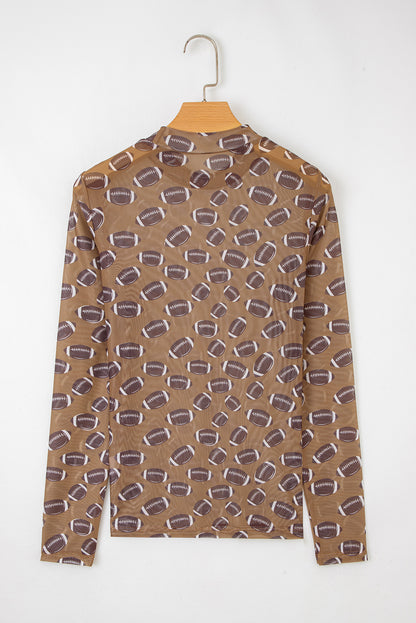 Football Print Mesh Mock Neck Game Day Long Sleeve Top