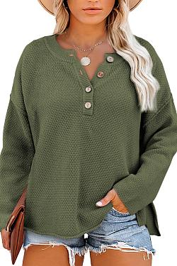 Women's Oversized Sweaters Batwing Long Sleeve Loose V Neck Button Henley Tops Pullover Knit