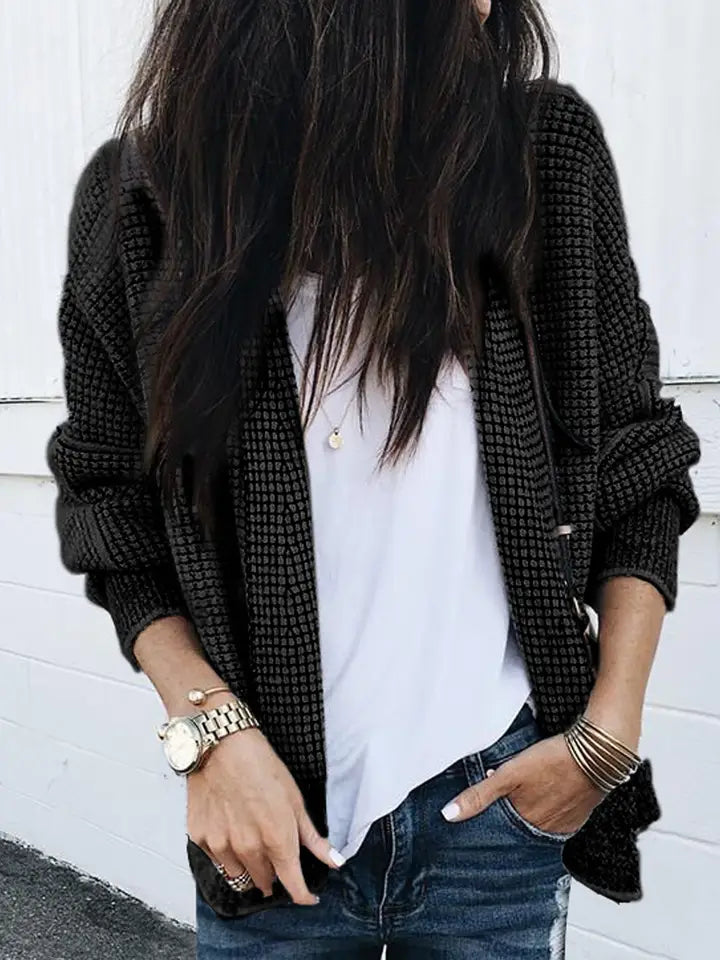 Contrast Trim Plaid Open-Front Knit Cardigan
