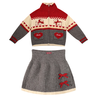 Kids' Cozy Knit Cardigan and Skirt Set with High Collar