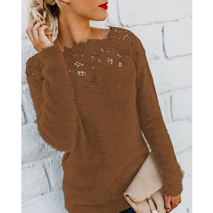 Off Shoulder Lace Fuzzy Sweater Long Sleeve Plus Size