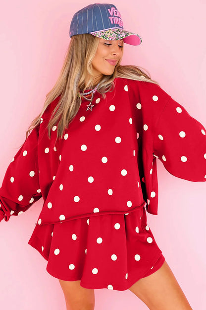 Brown Polka Dot Sweatshirt Skort Two Piece Set
