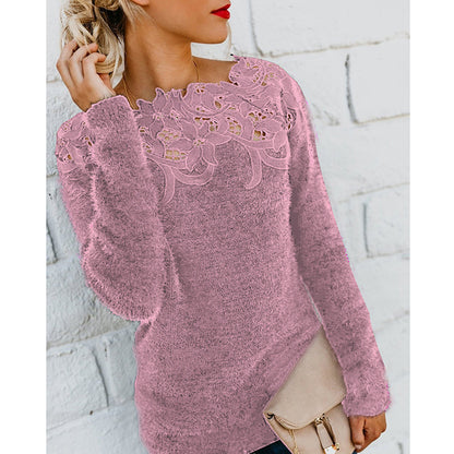 Off Shoulder Lace Fuzzy Sweater Long Sleeve Plus Size