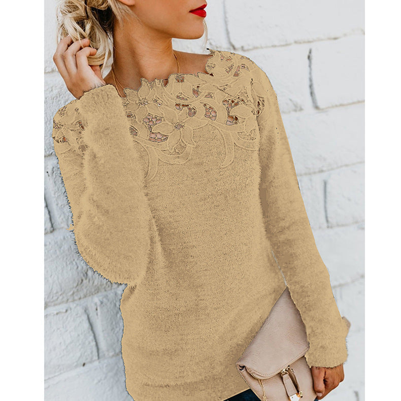 Off Shoulder Lace Fuzzy Sweater Long Sleeve Plus Size