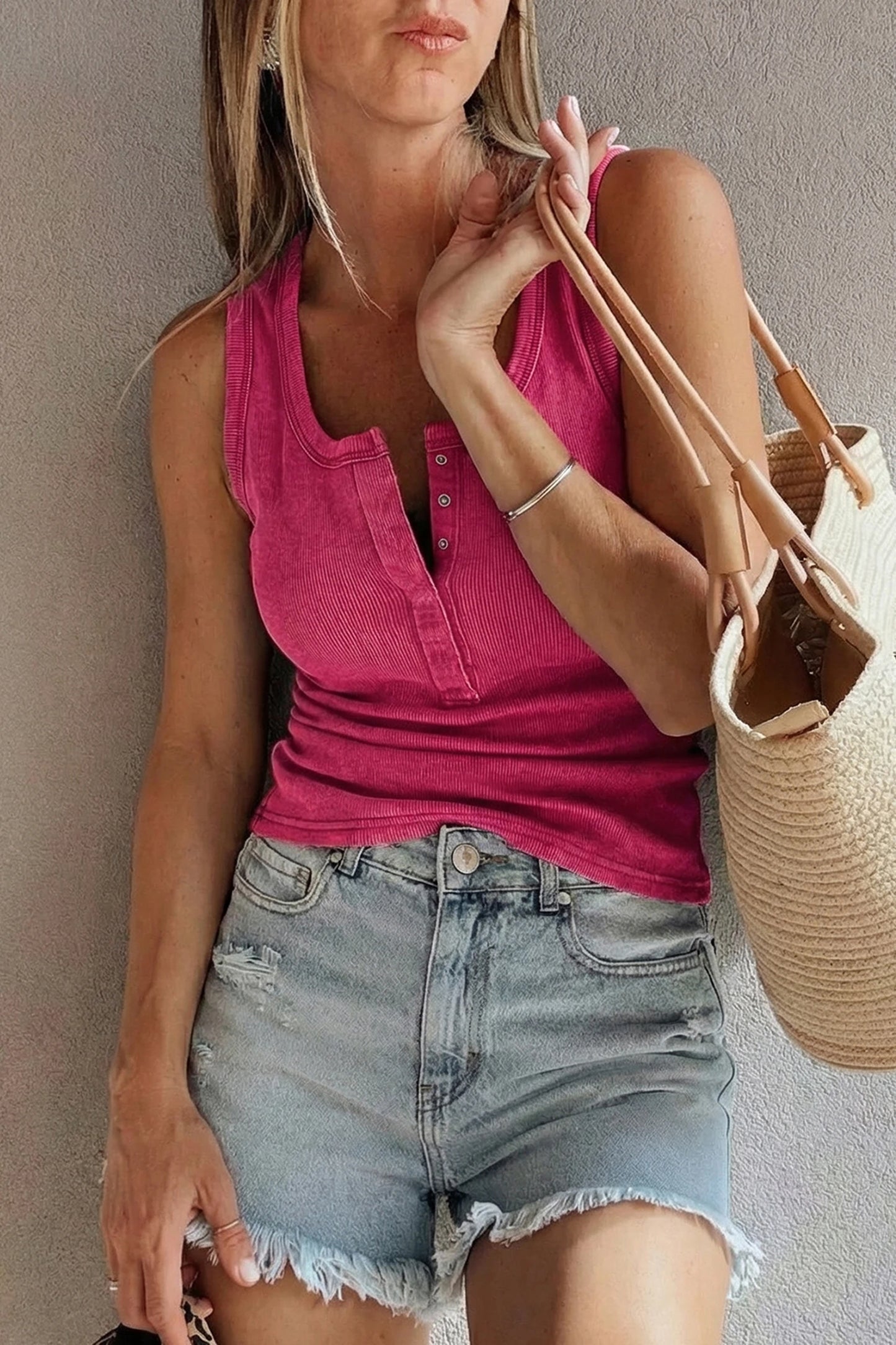 Button Front Ribbed Tank Top Slim Fit Summer Basic