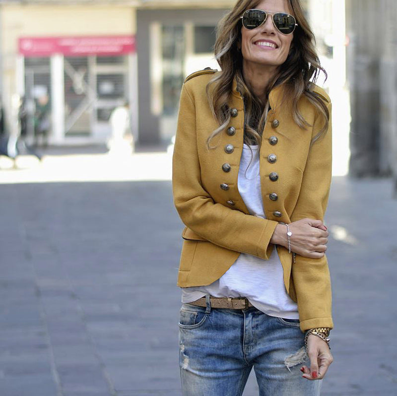 Military Button Front Jacket with Stand Collar