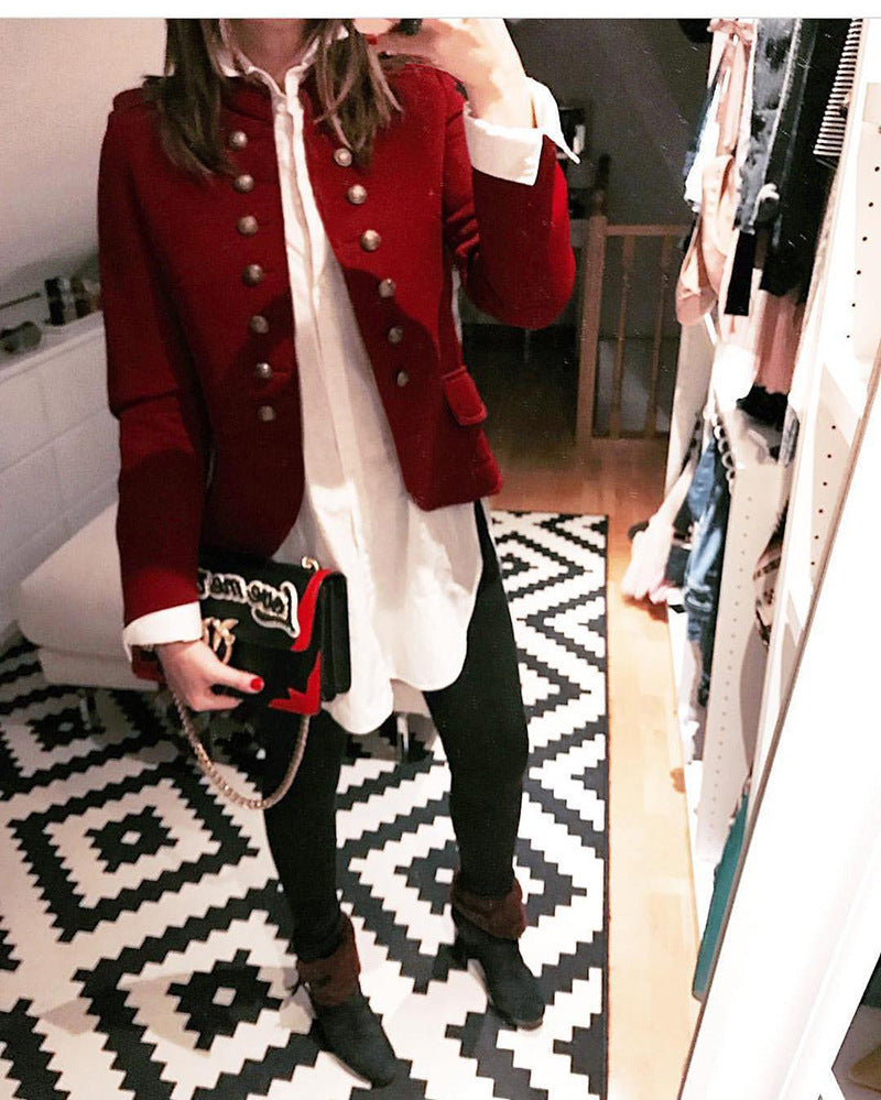 Military Button Front Jacket with Stand Collar