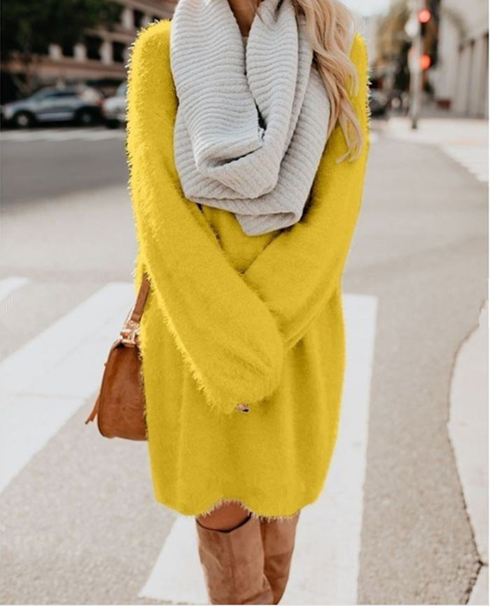 Women's Oversized Fuzzy Sweater Dress Long Sleeve Midi
