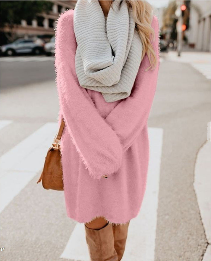 Women's Oversized Fuzzy Sweater Dress Long Sleeve Midi