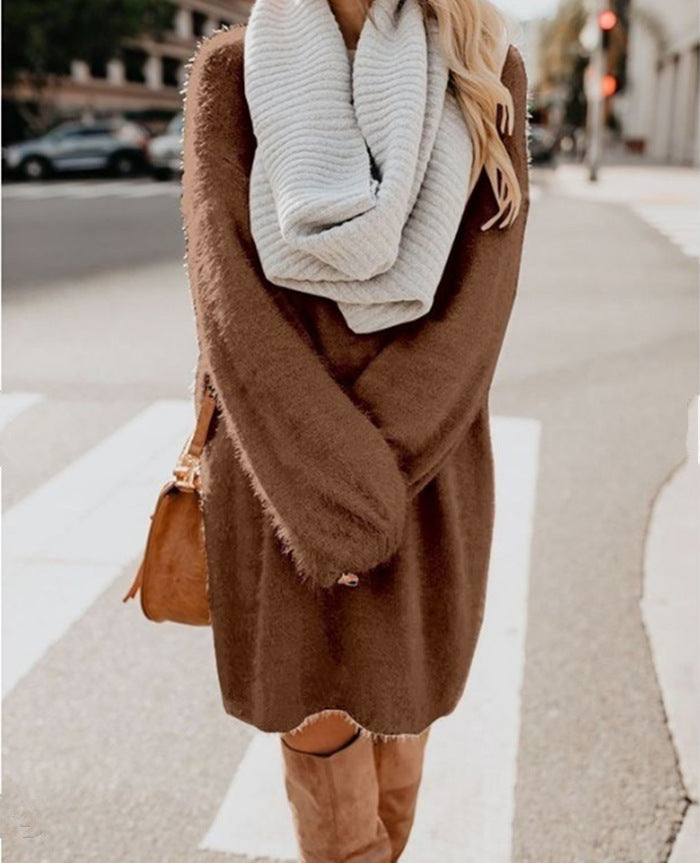 Women's Oversized Fuzzy Sweater Dress Long Sleeve Midi