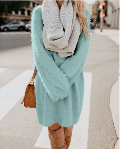 Women's Oversized Fuzzy Sweater Dress Long Sleeve Midi