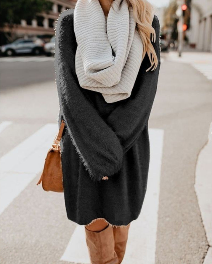 Women's Oversized Fuzzy Sweater Dress Long Sleeve Midi