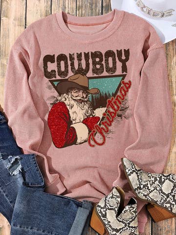 Cowboy Christmas Santa Graphic Corded Knit Sweatshirt